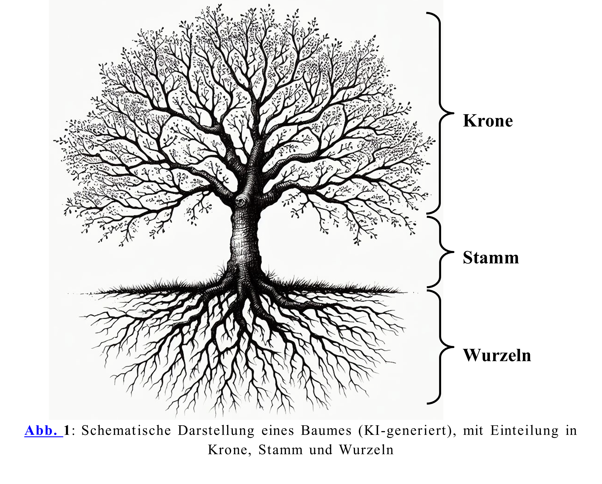 Schematische Darstellung eines Baumes (KI-generiert), mit Einteilung in Krone, Stamm und Wurzeln